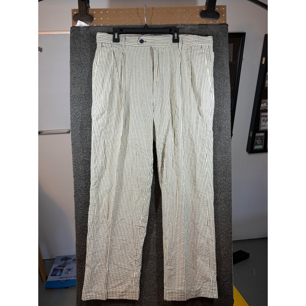 Louis Raphael Seersucker Pants Mens 36x30 Blue White Striped Cuffed Cotton 334